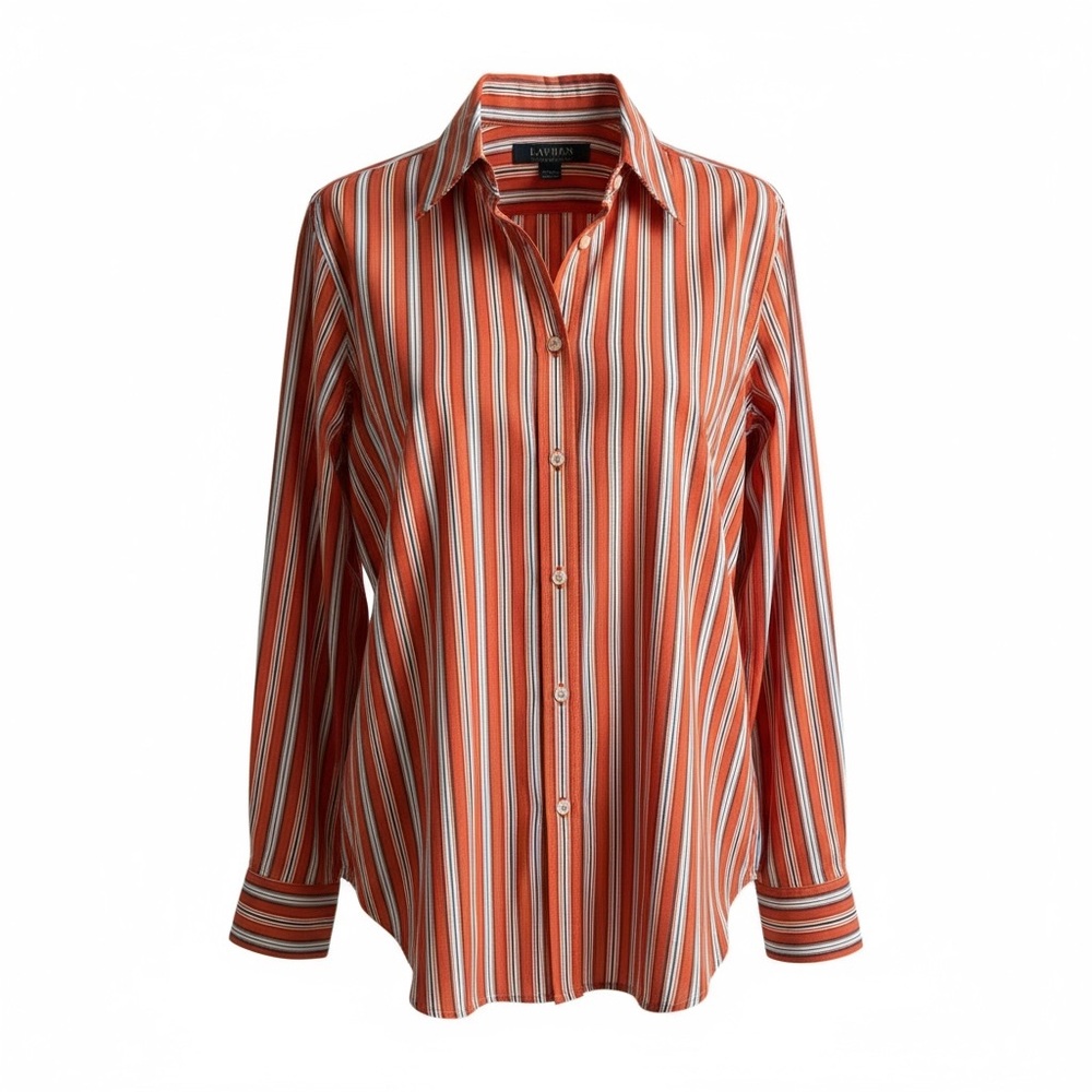 Lauren Ralph Lauren Women’s Coral Blue Striped Button Down Shirt Size Medium
